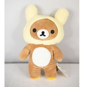 Rilakkuma Plush Toy 14" Brown New Yellow Fuzzy Bunny Hood San-X Collectible